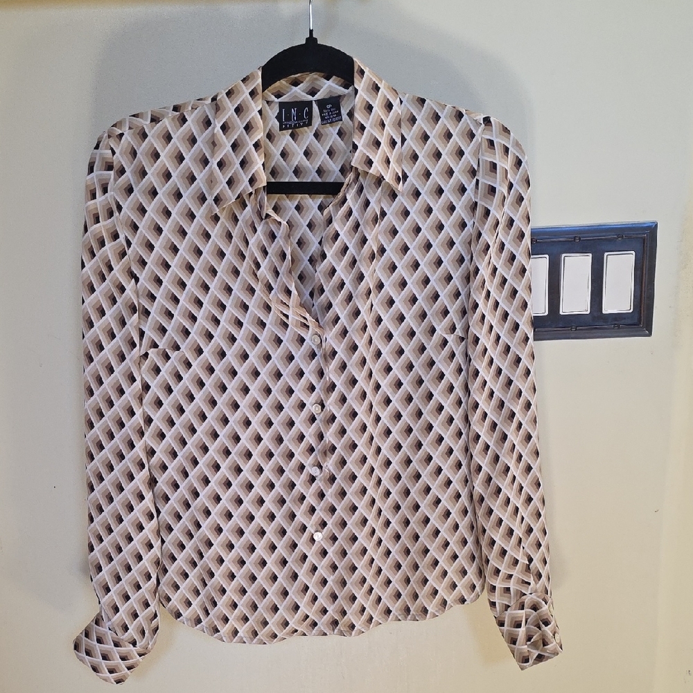 INC International Concepts Beige and Black Geometric Button-Down 100% Silk Top